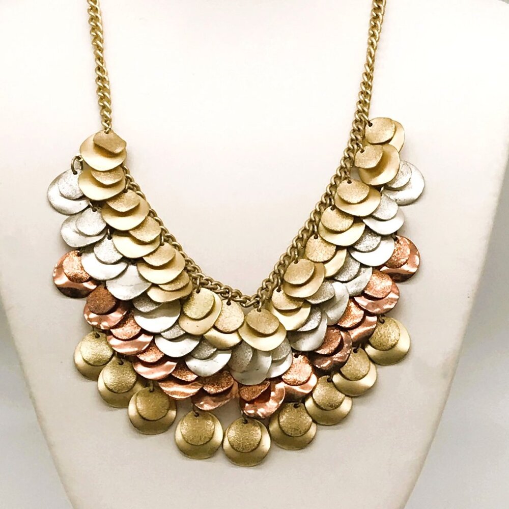 Layered Mesh Metal Discs Bib Necklace Silver Copper Gold Shiny Paillettes